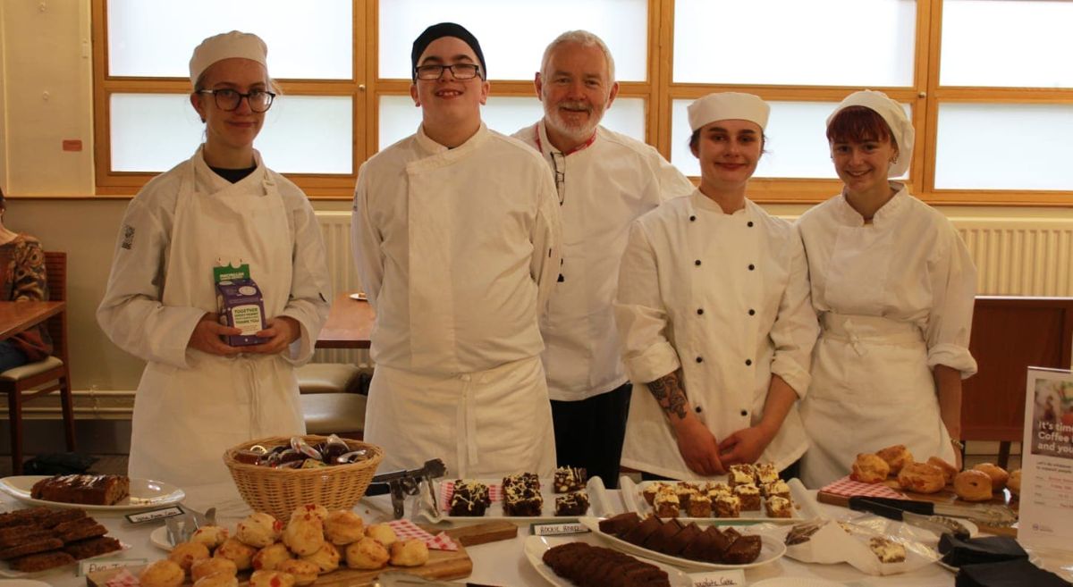 Bangor campus students from Level 2 Professional Bakery, Olivia McComb, Oisin McDermott, with Paul Monaghan, Catering and Hospitality Manager, Annie McBroom, and Callieanne Gourley. 